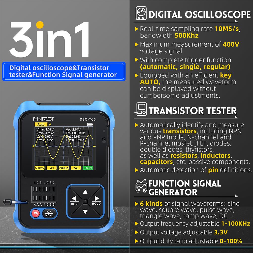 FNIRSI DSO-TC3 3in1 Mini Handh - đánh giá và giá Oscilloscope Dso Mini